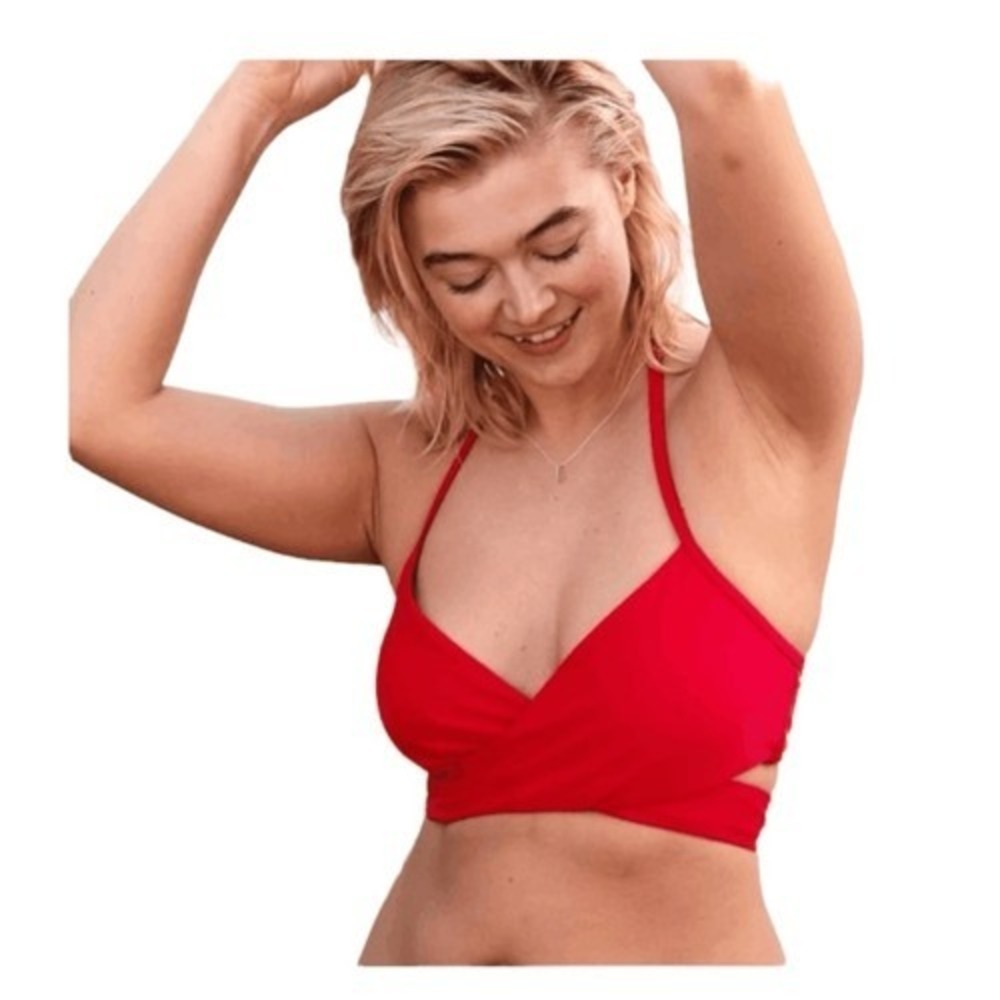 Aerie Tie Wrap Halter Bikini Top Chilly Red Nylon Scoop Removable Pads XXS - Picture 2 of 8